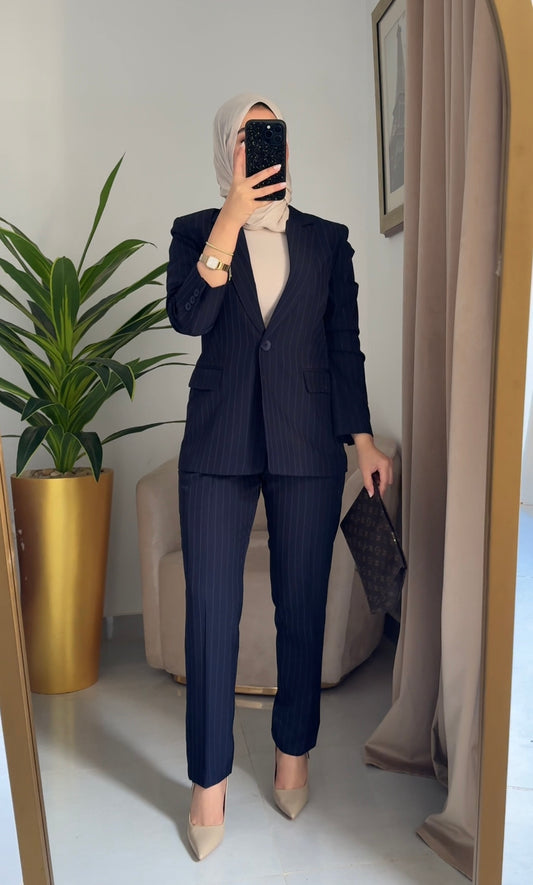 navy pinstripe suit