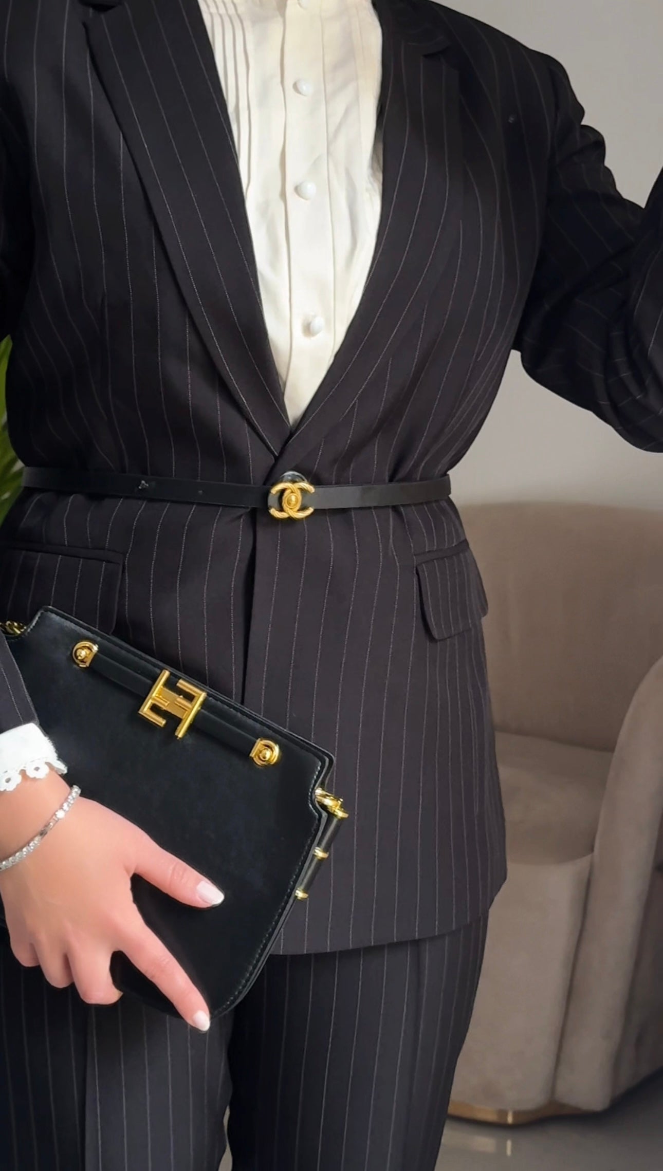 black pinstripe suit