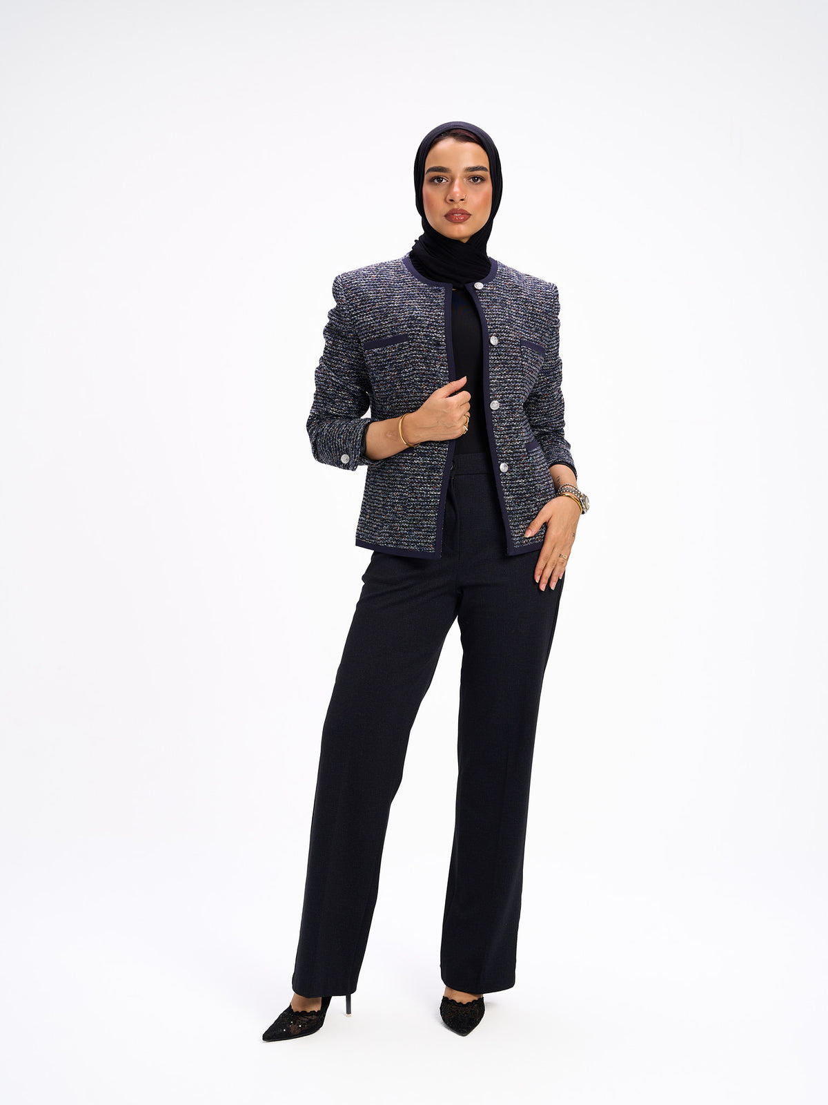 Collarless navy blazer