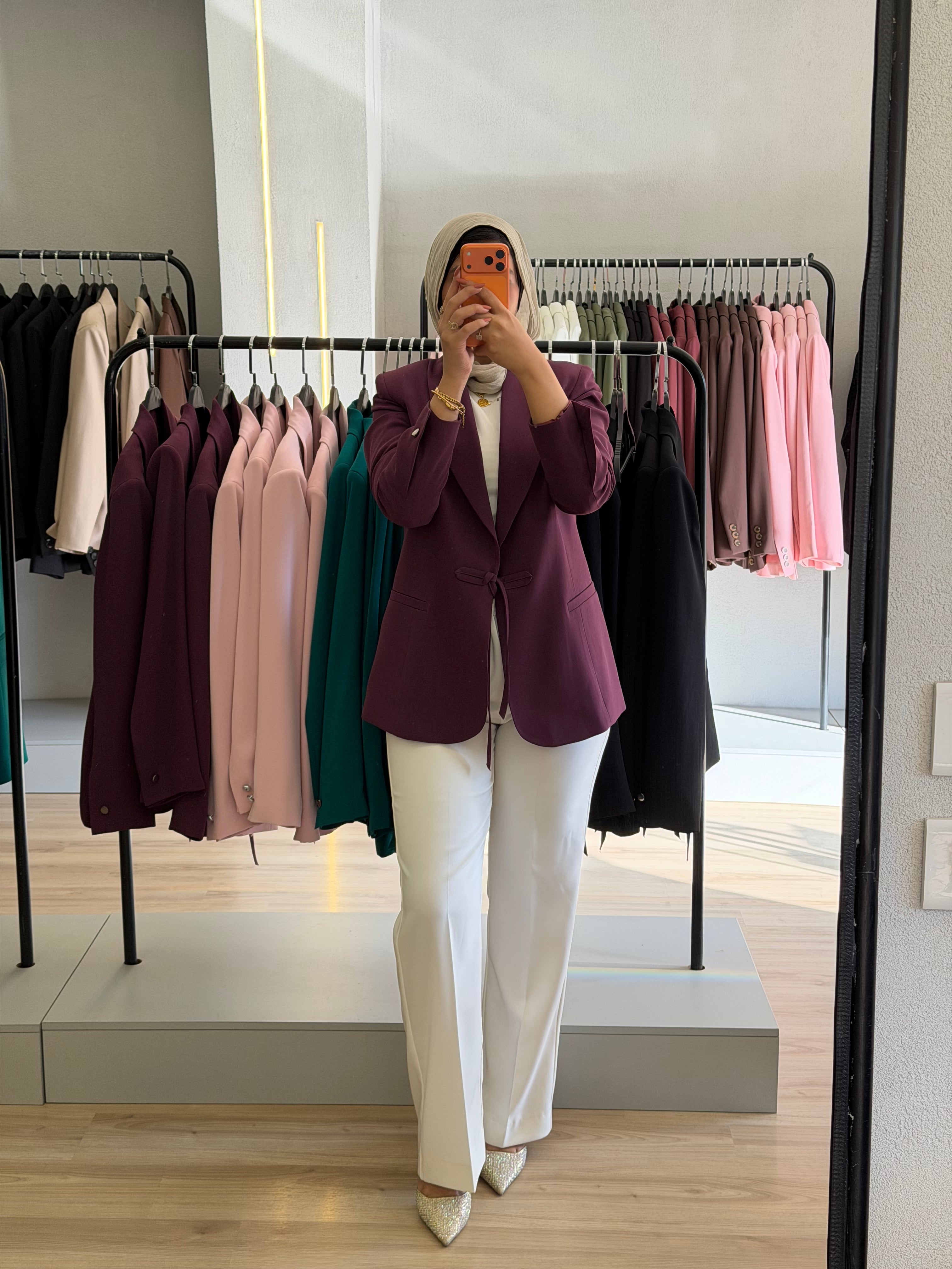burgundy tie-waist blazer