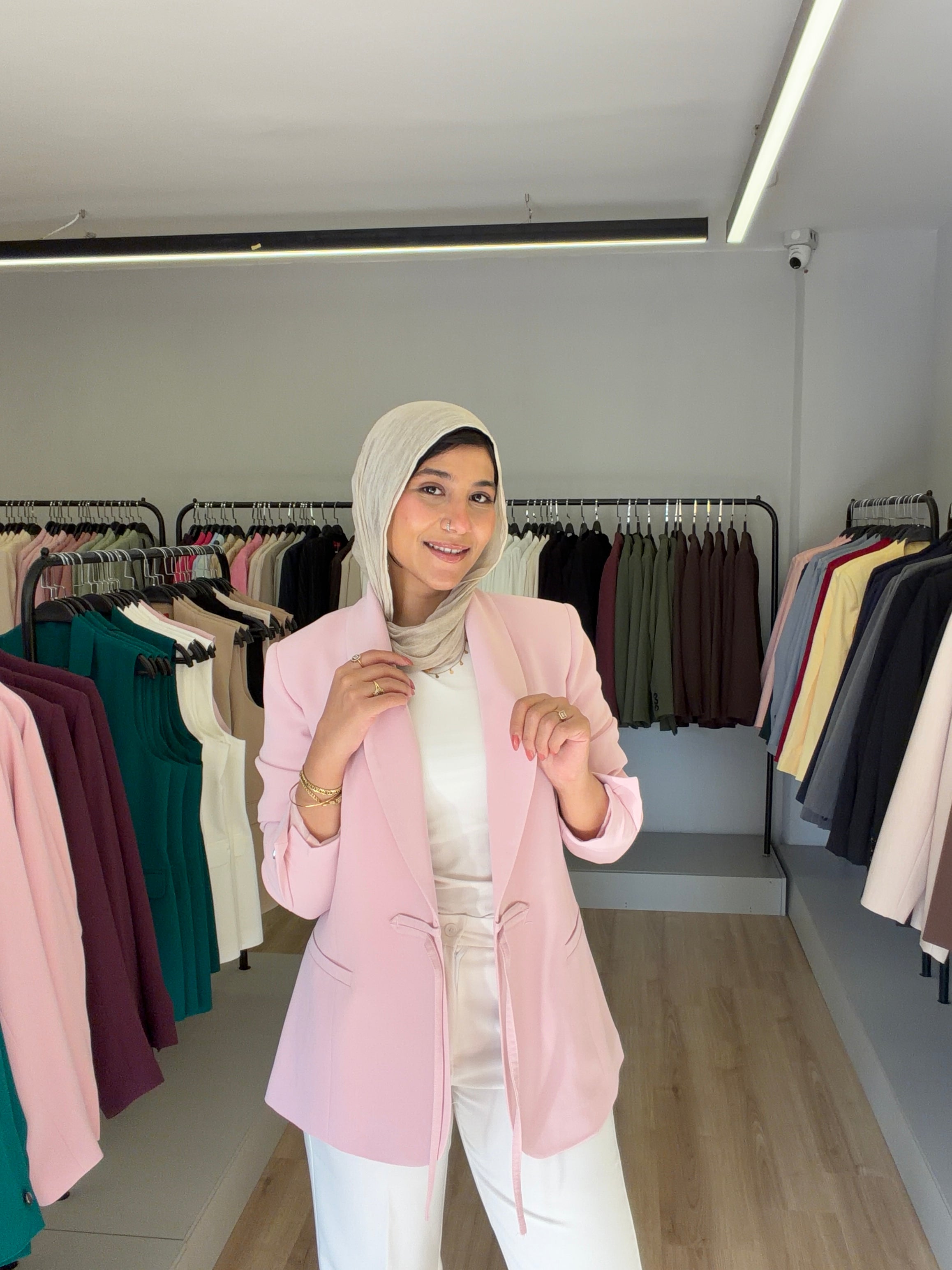pink tie-waist blazer
