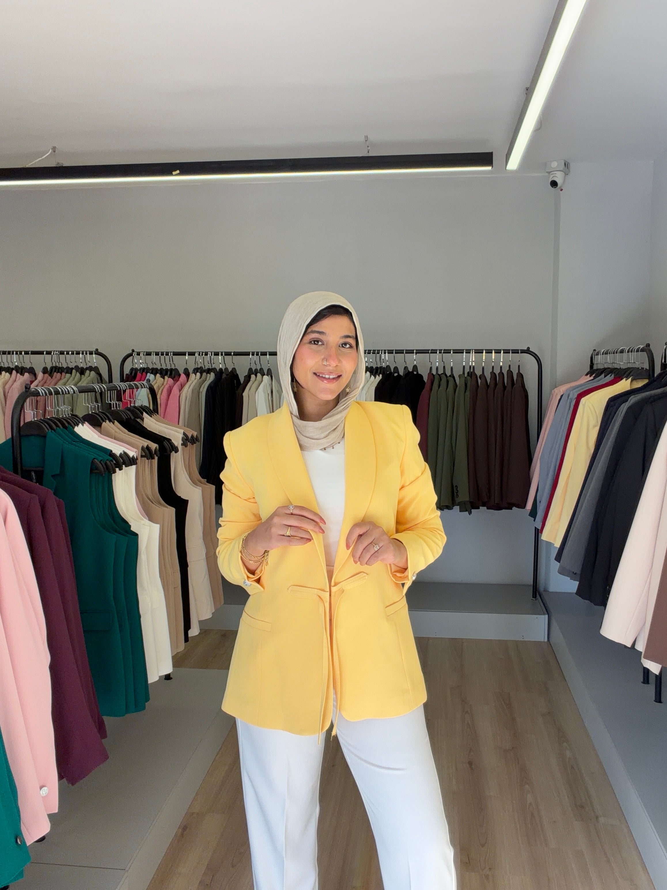 yellow tie-waist blazer