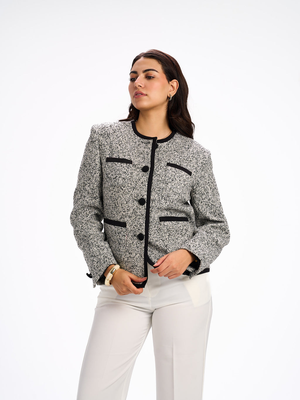 Collarless grey blazer