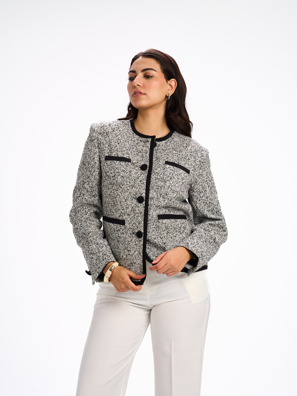 Collarless grey blazer