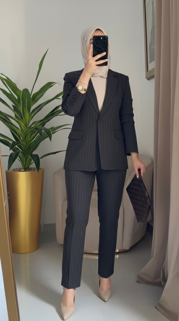 grey pinstripe suit