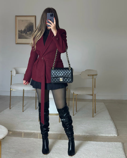 burgundy wool belt blazer