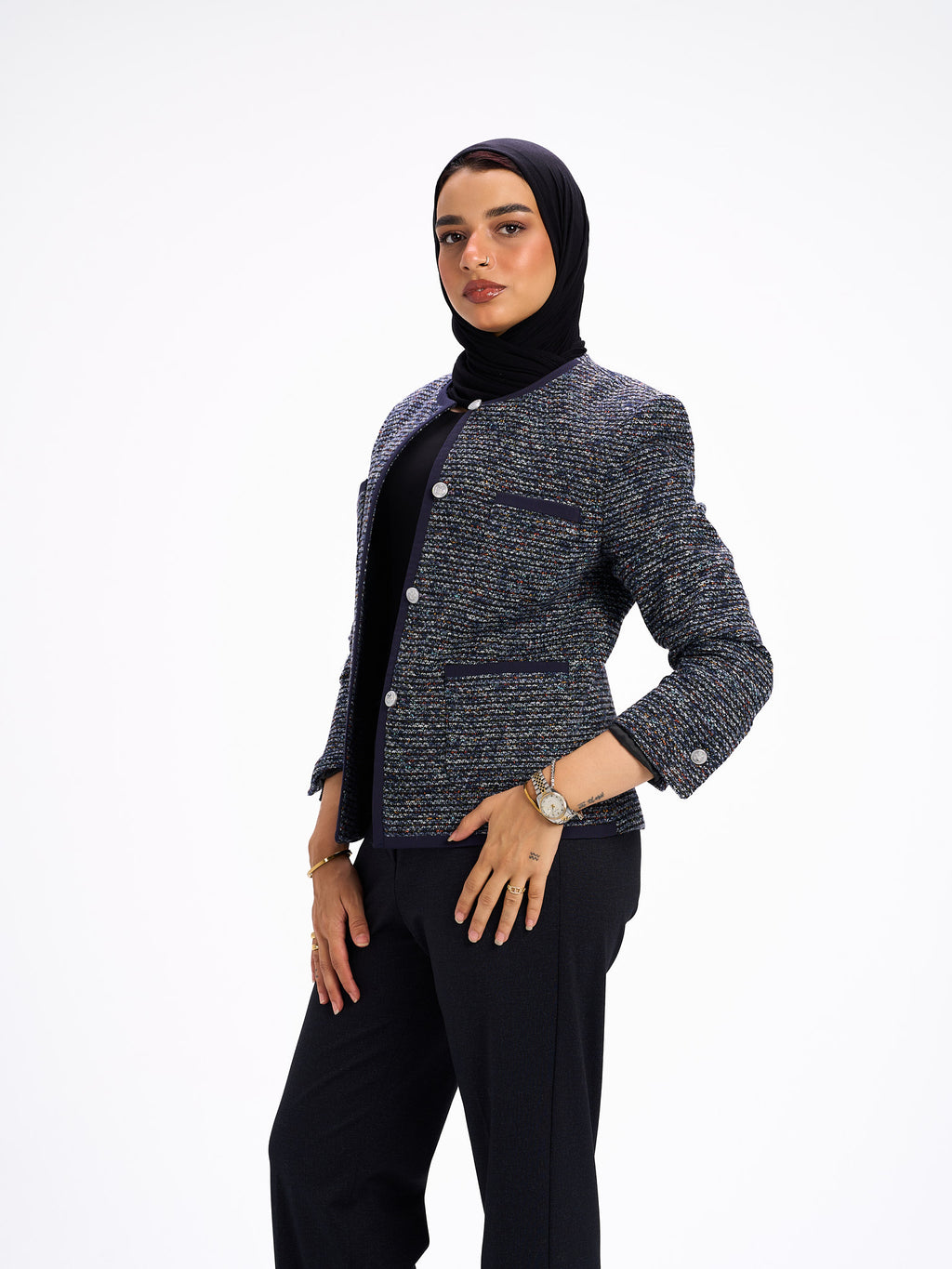 Collarless navy blazer