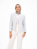 Collarless light blue blazer
