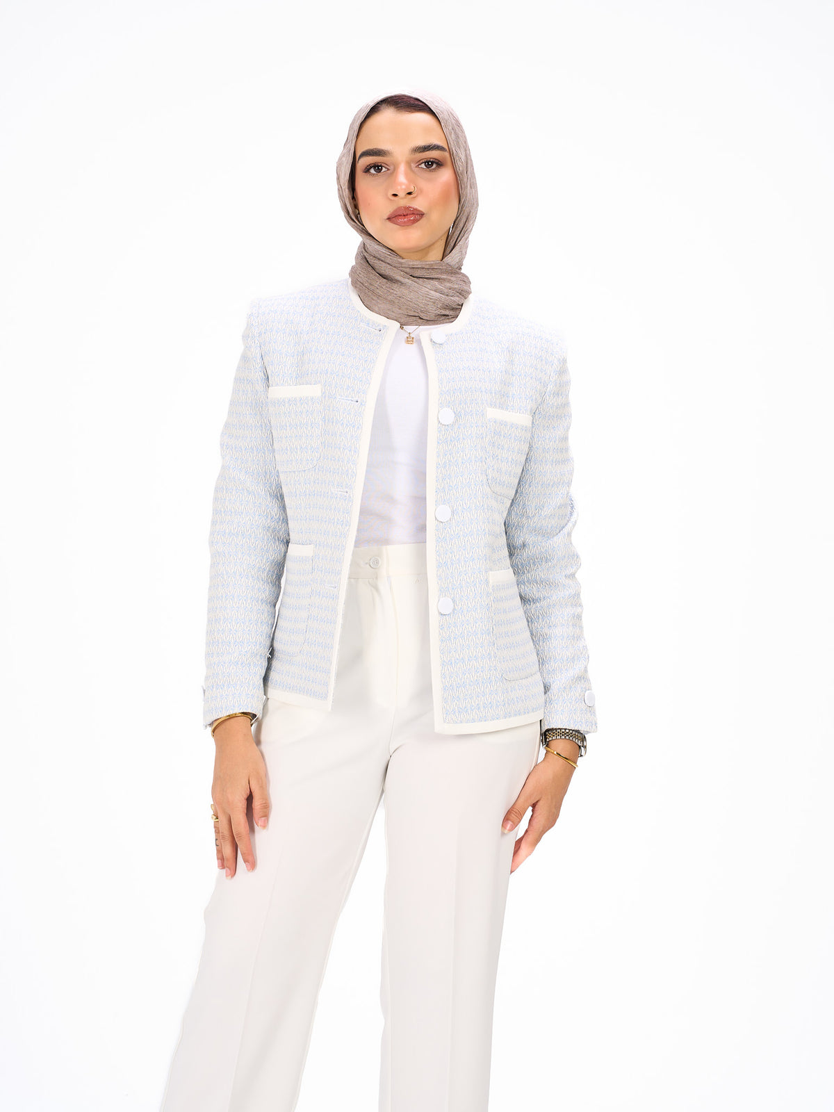Collarless light blue blazer