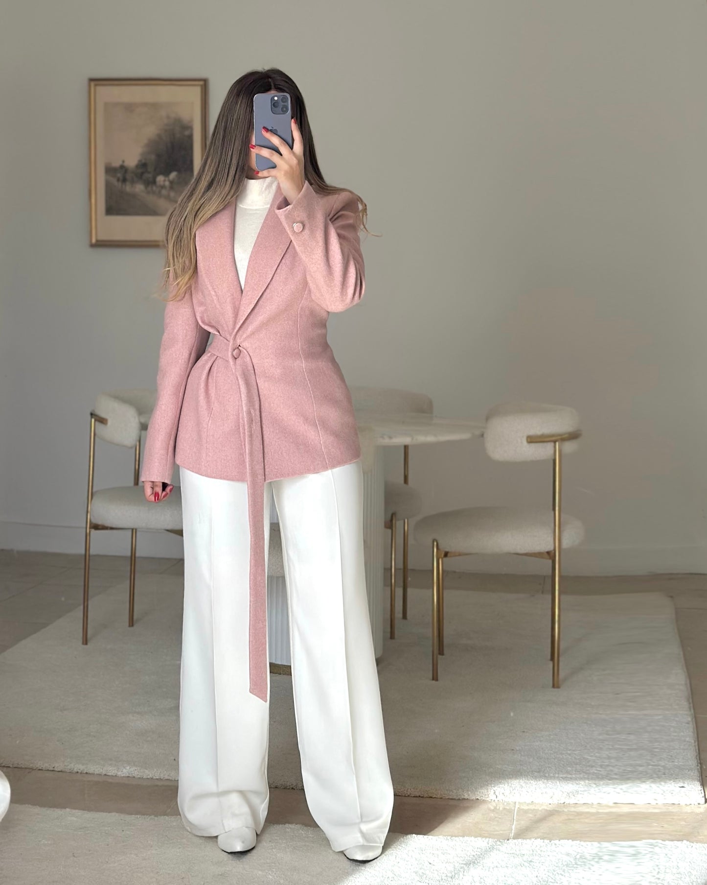 pink wool belt blazer