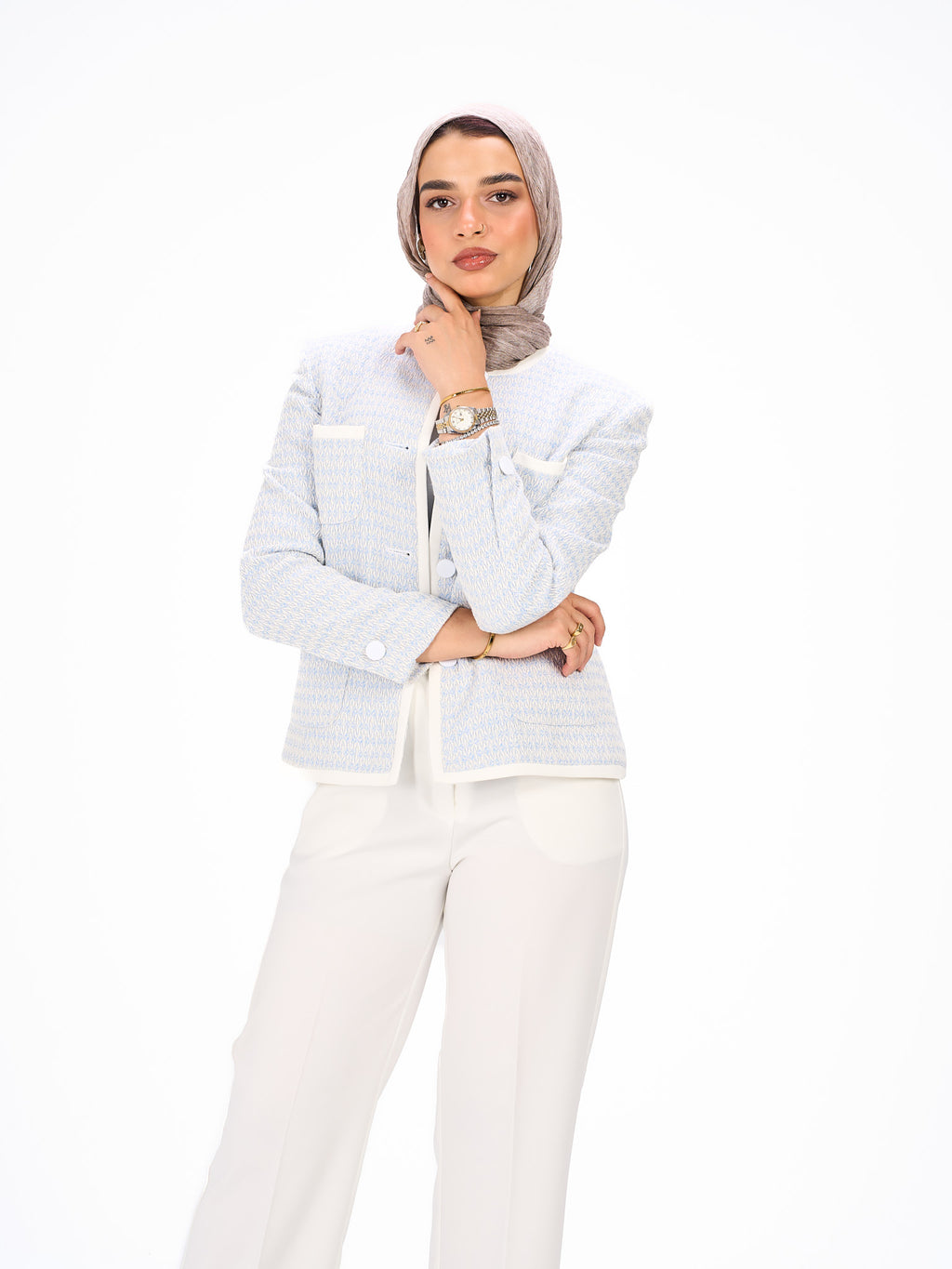 Collarless light blue blazer