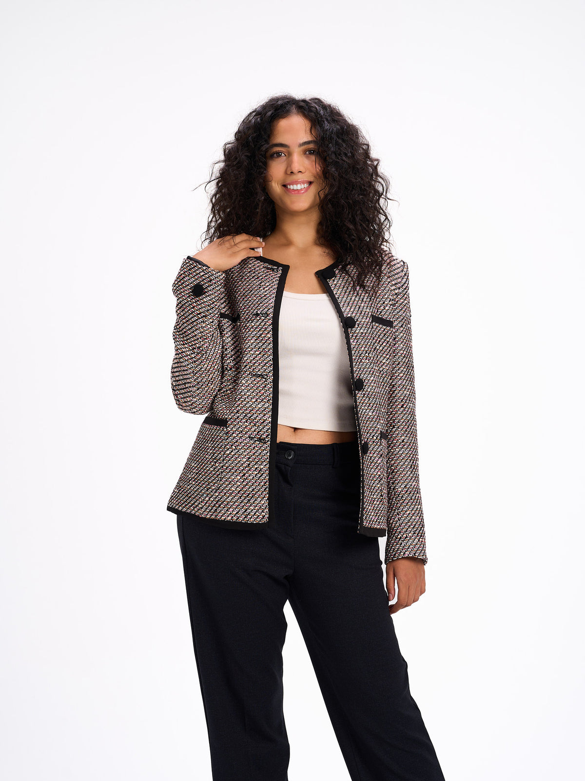 collarless black x white blazer