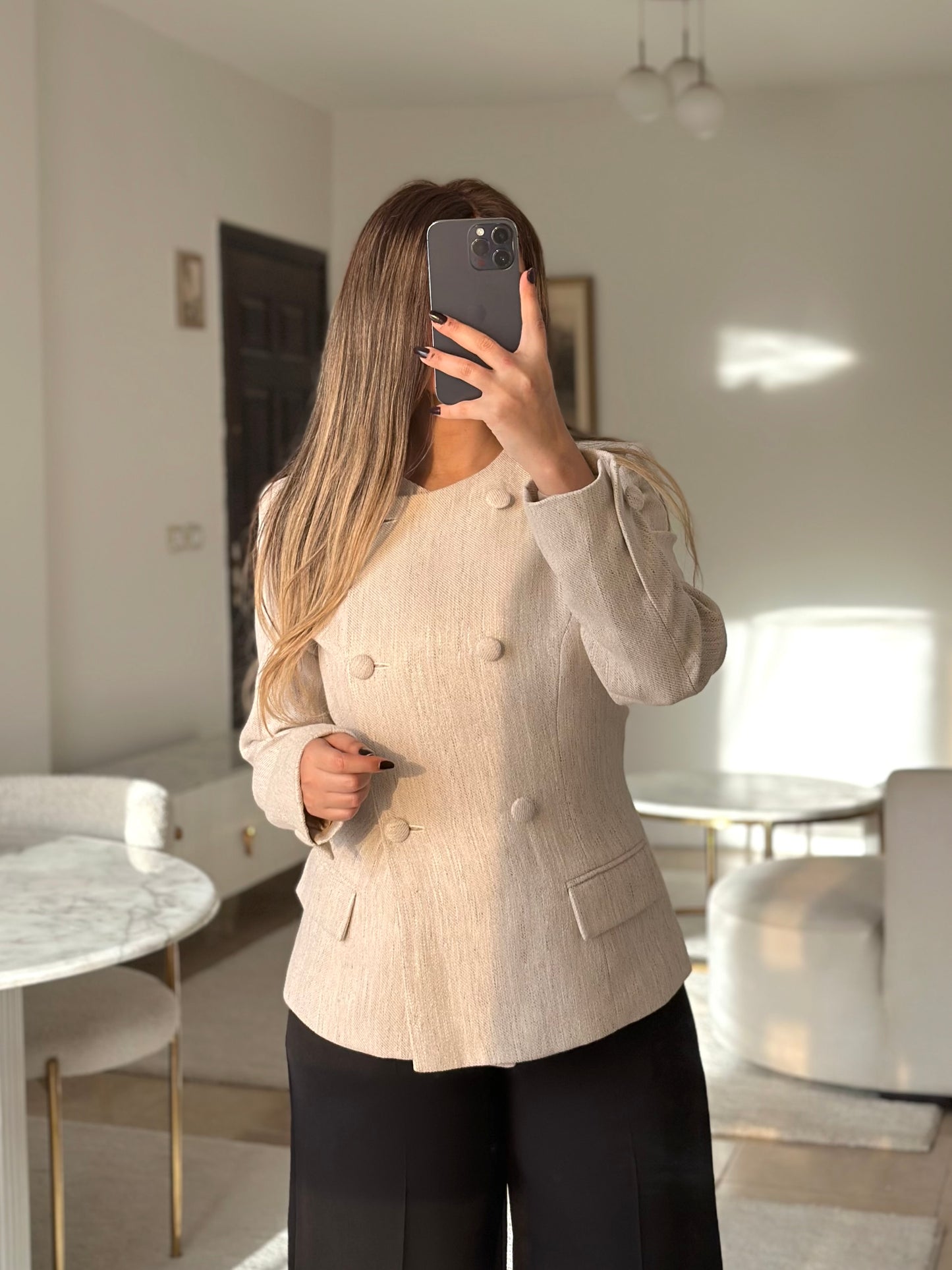 beige round neck blazer