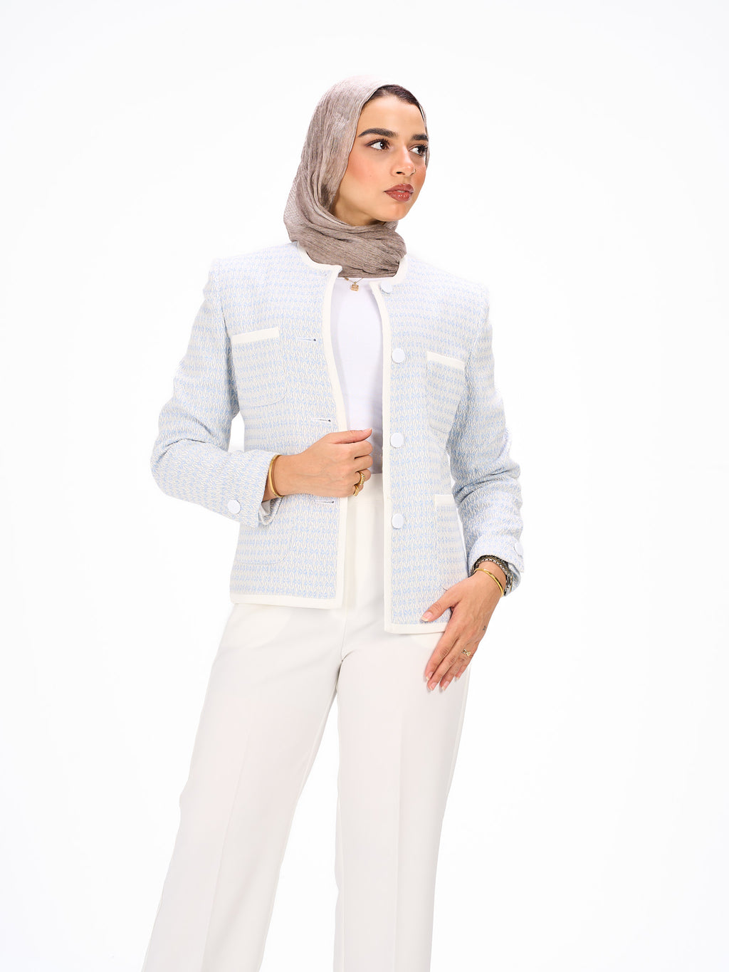 Collarless light blue blazer