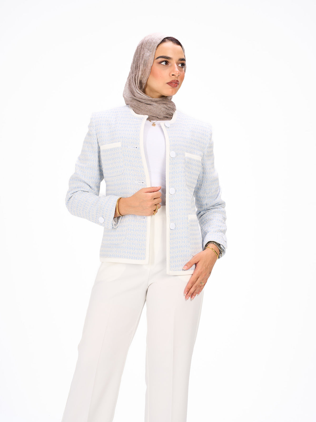 Collarless light blue blazer
