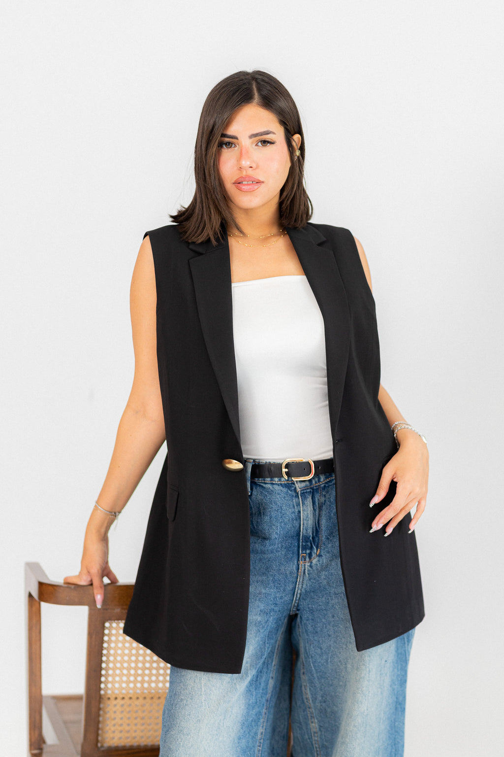 black longline vest