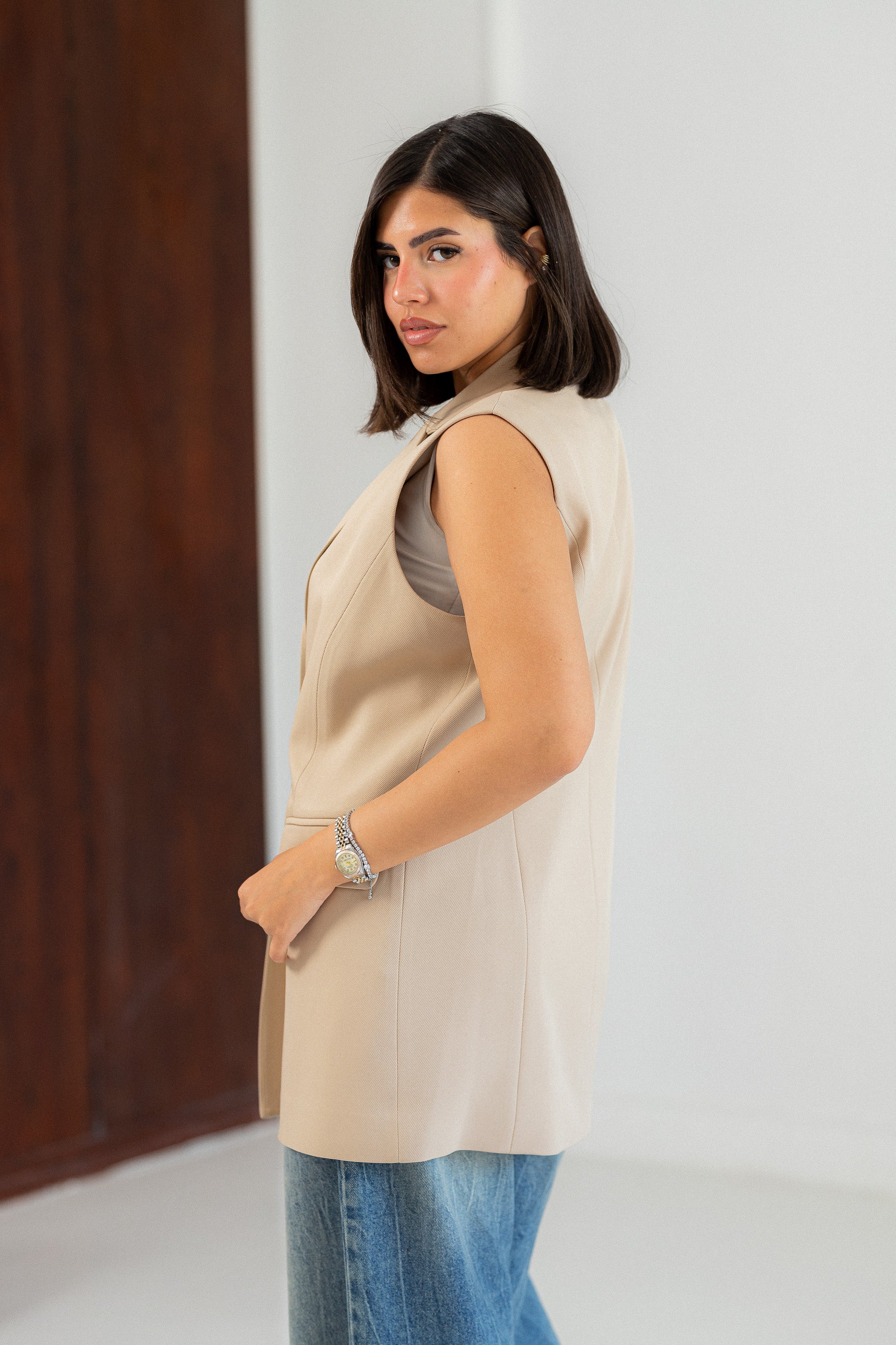 beige longline vest