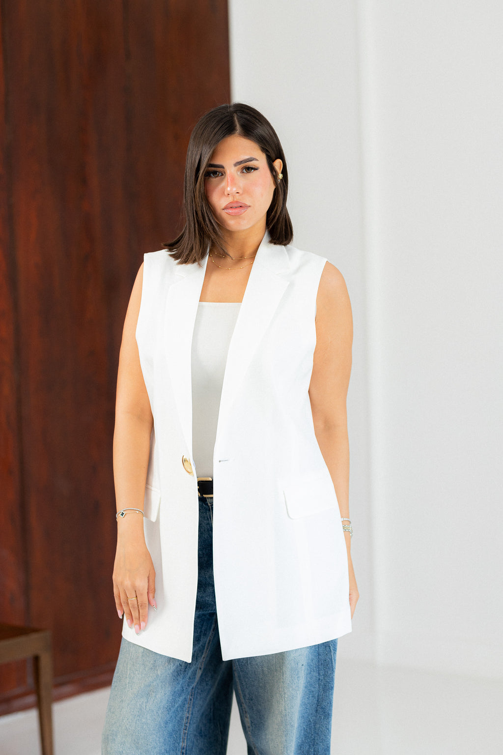 white longline vest