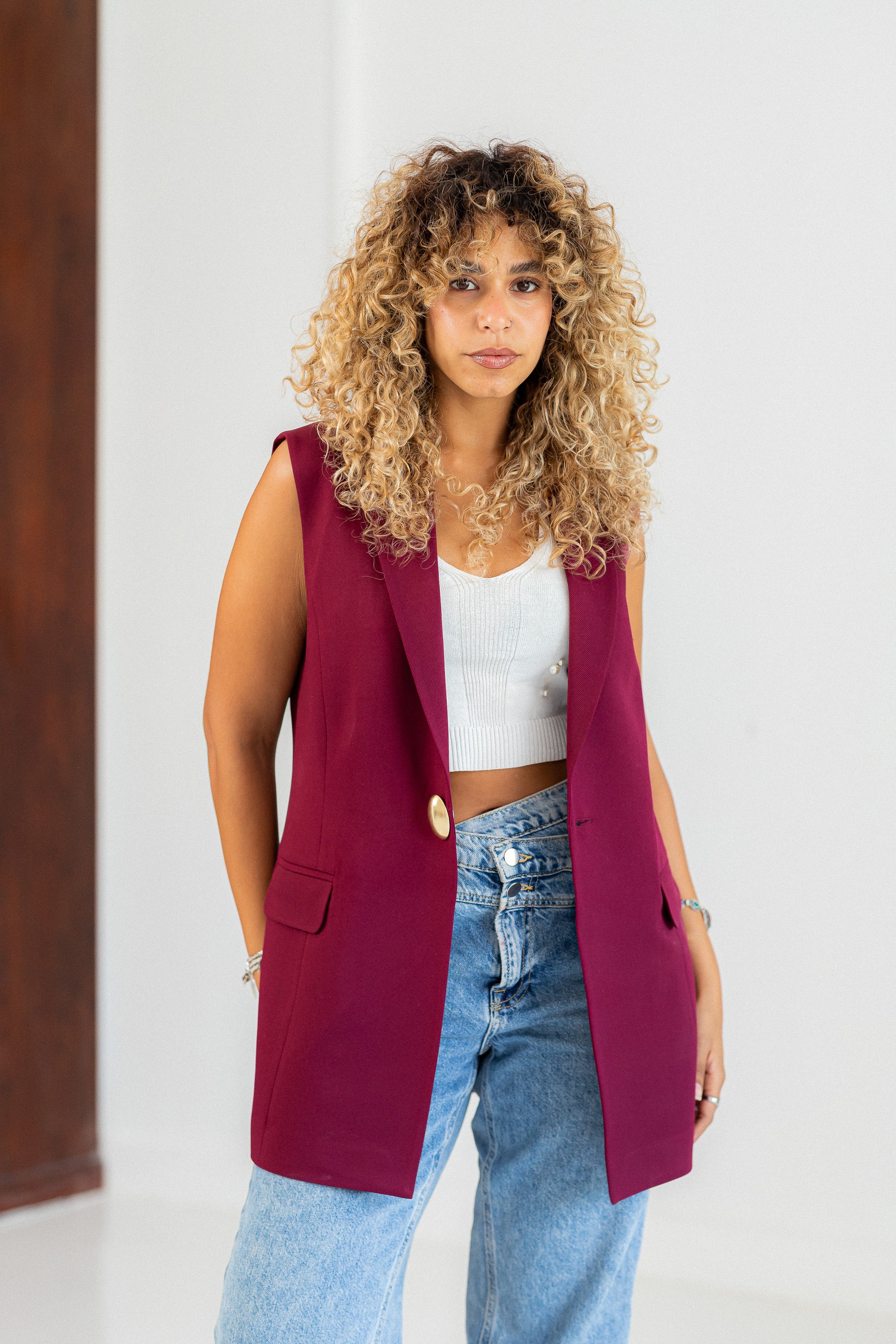 burgundy longline vest