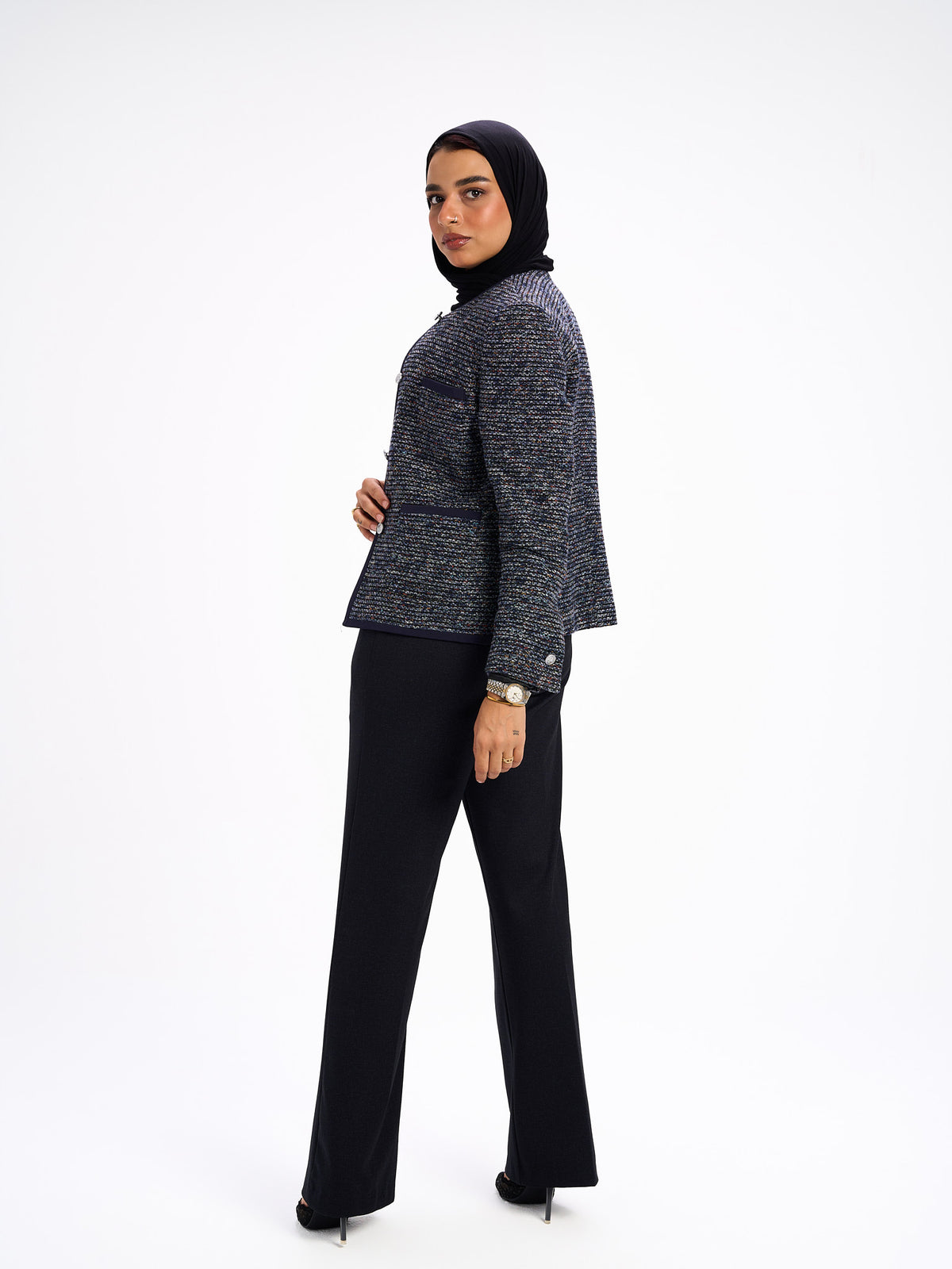 Collarless navy blazer