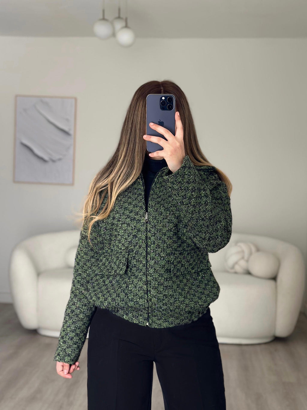 Wool zipper green blazer