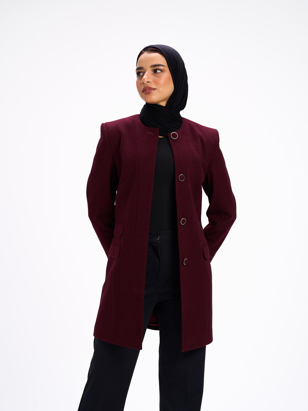 Round neck burgundy coat