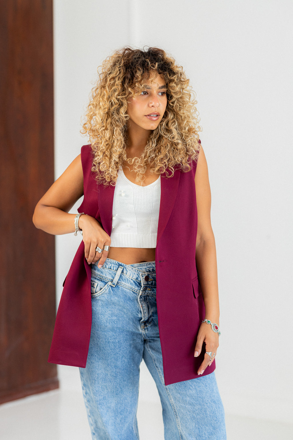 burgundy longline vest