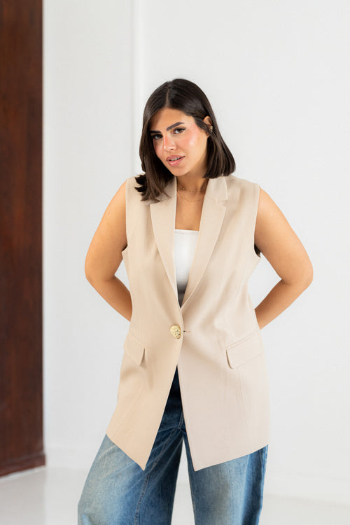 beige longline vest