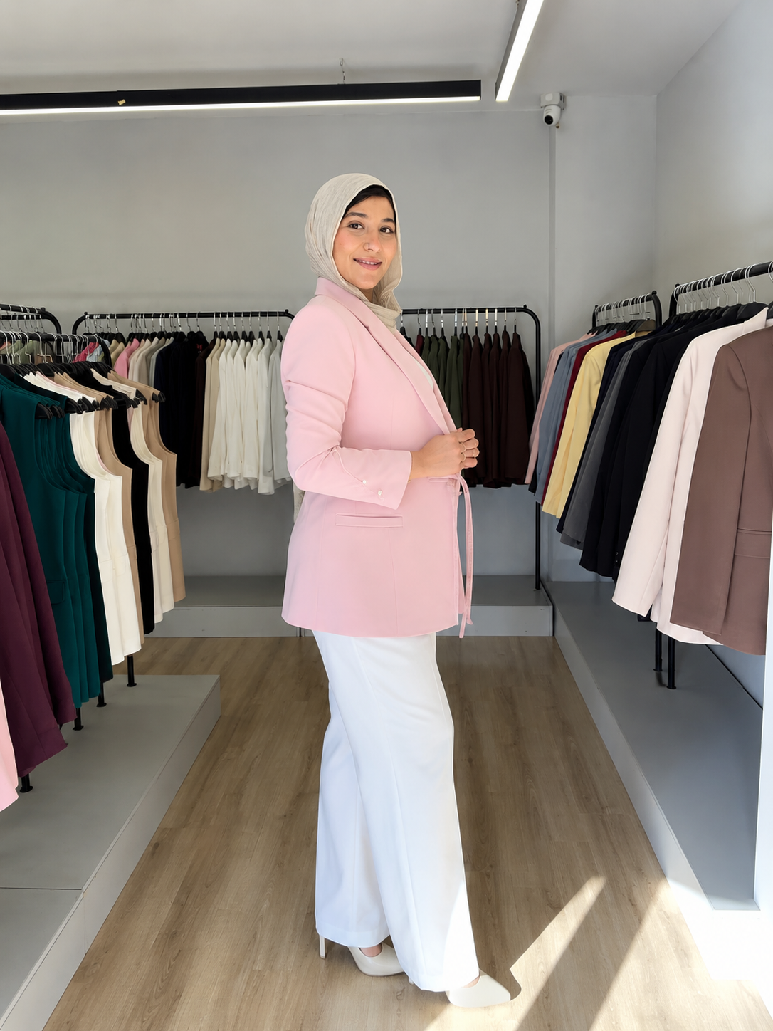pink tie-waist blazer