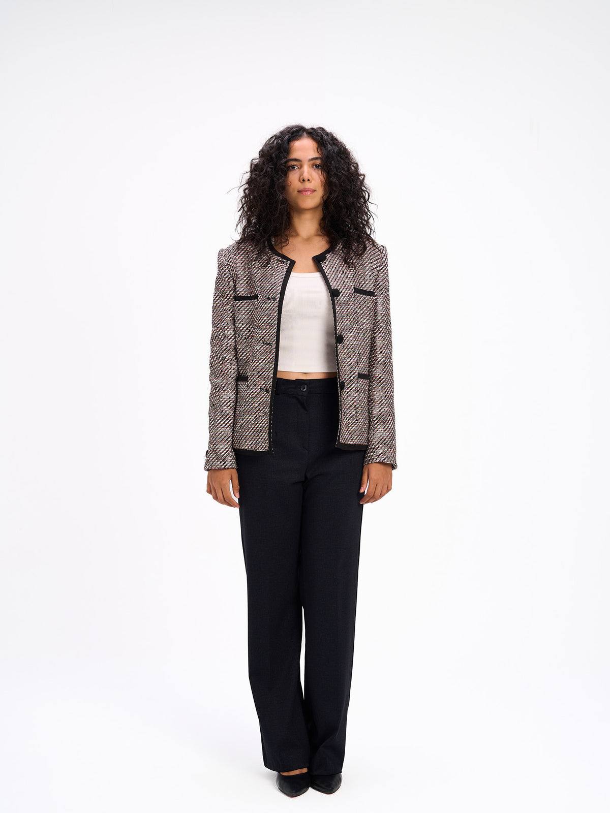 collarless black x white blazer