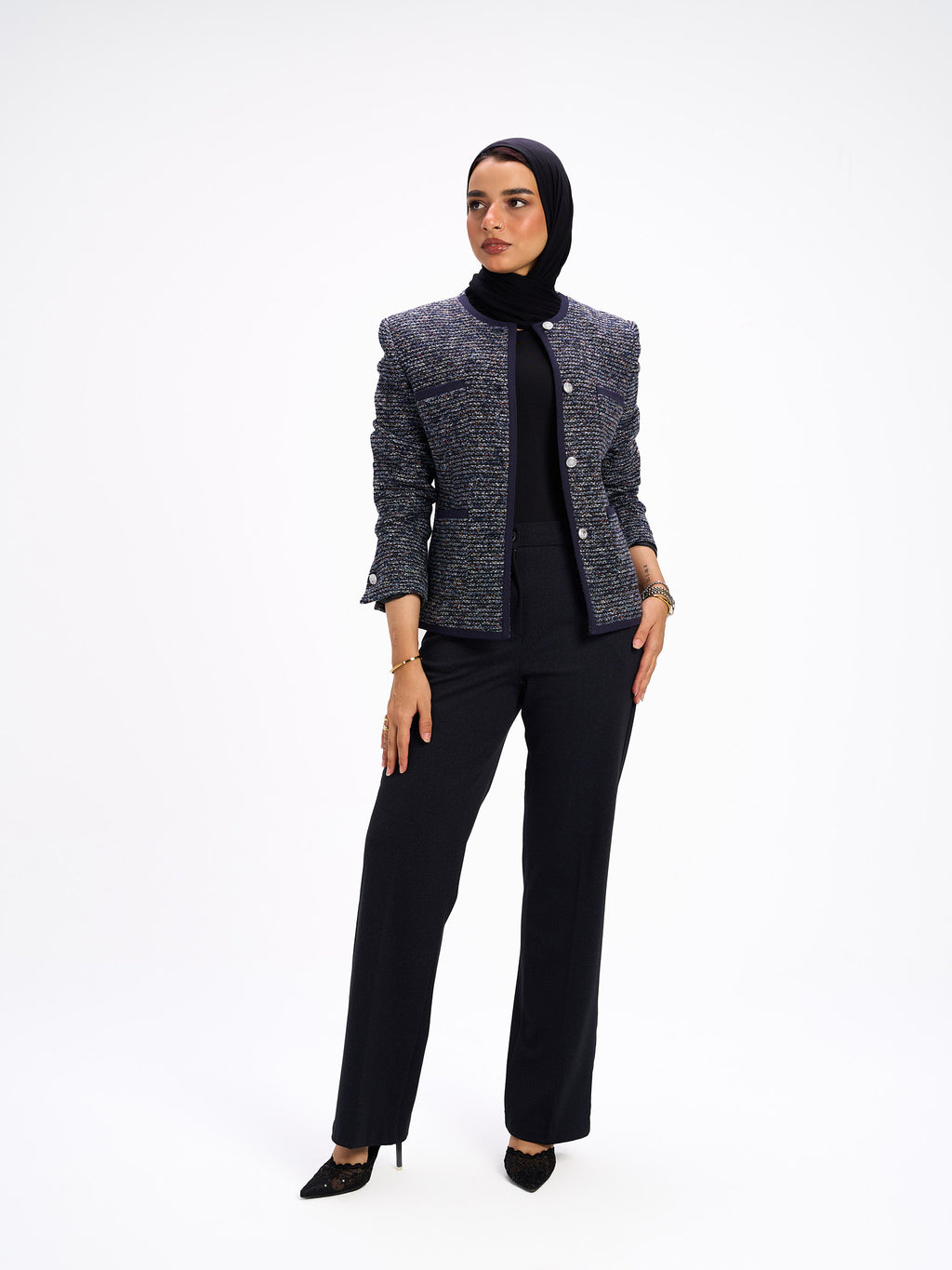 Collarless navy blazer