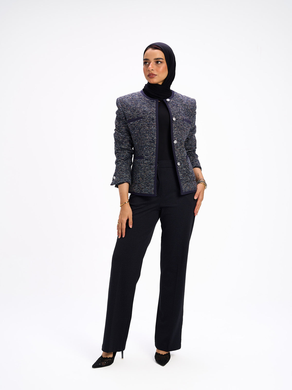 Collarless navy blazer