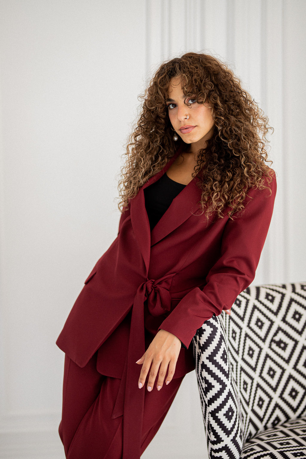belted burgundy blazer