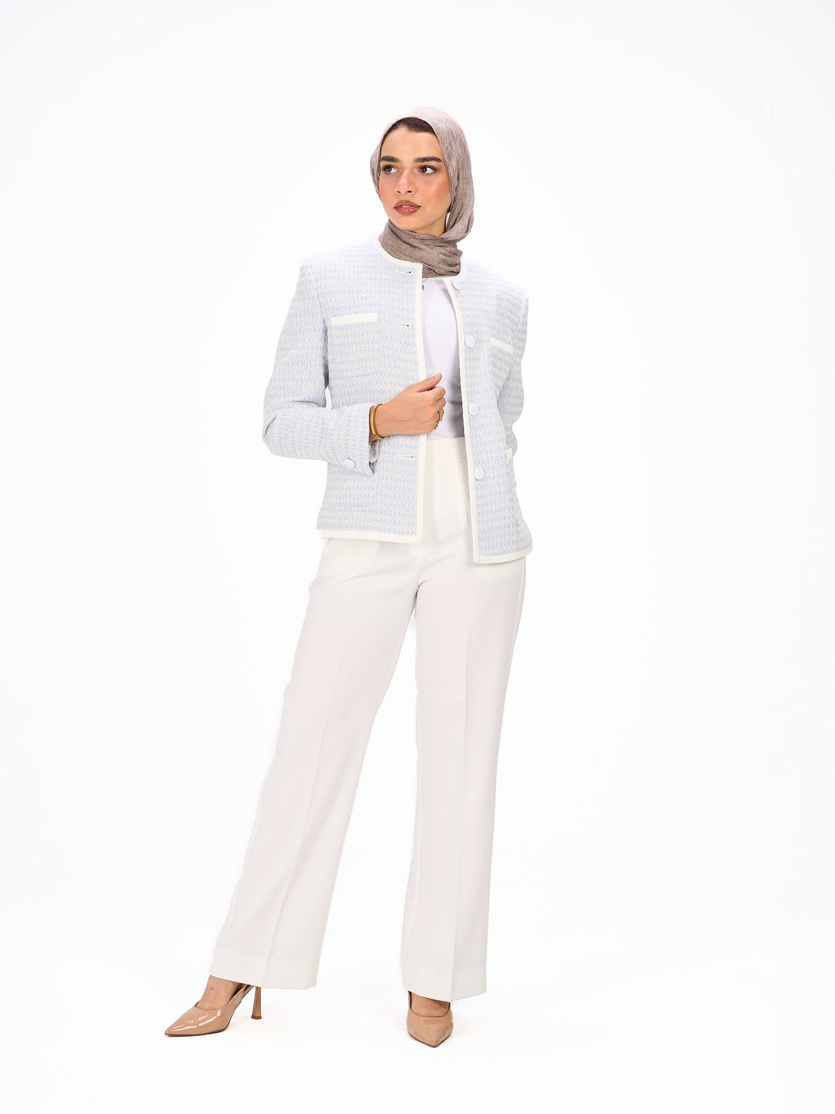 Collarless light blue blazer
