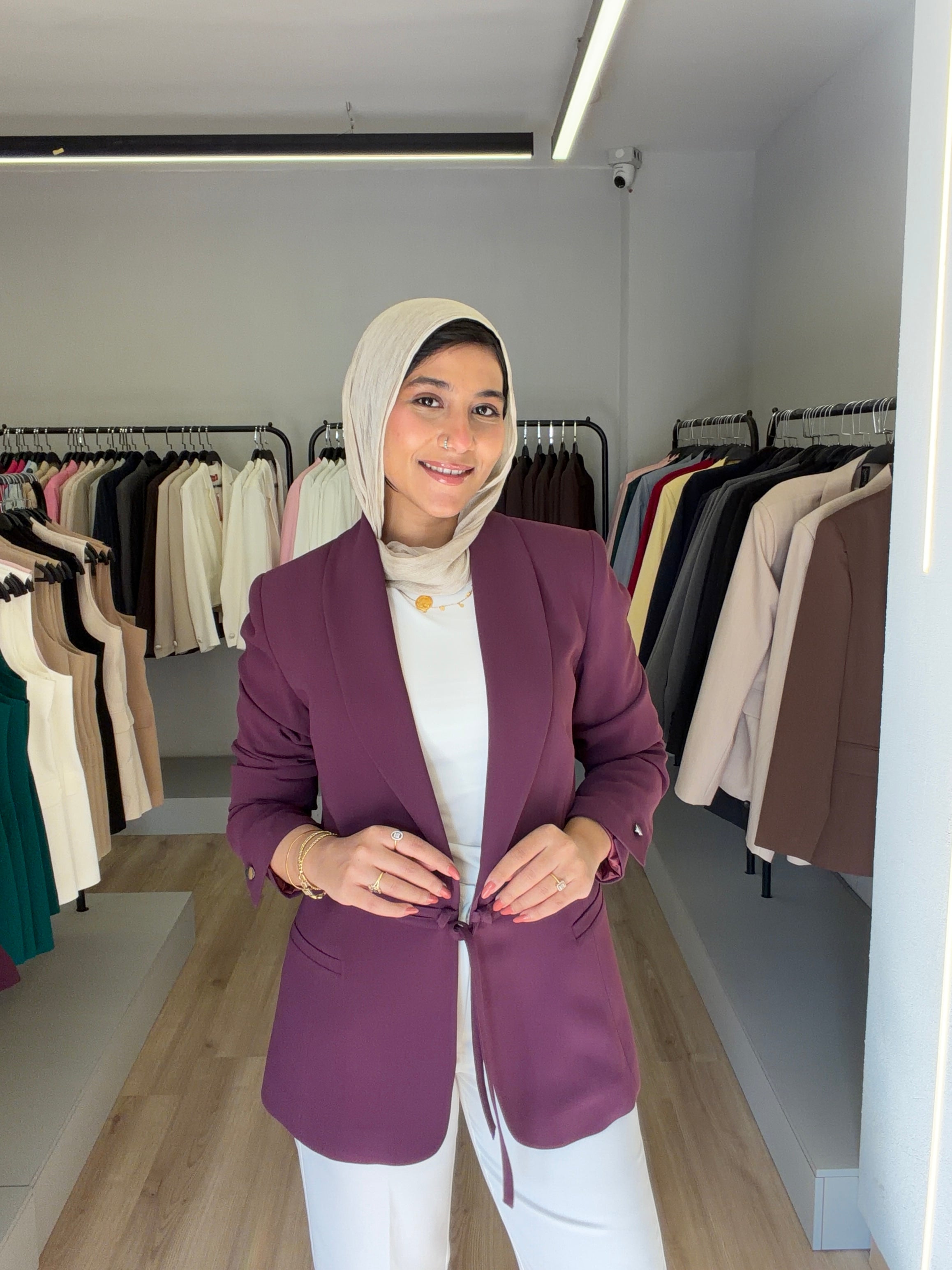 burgundy tie-waist blazer
