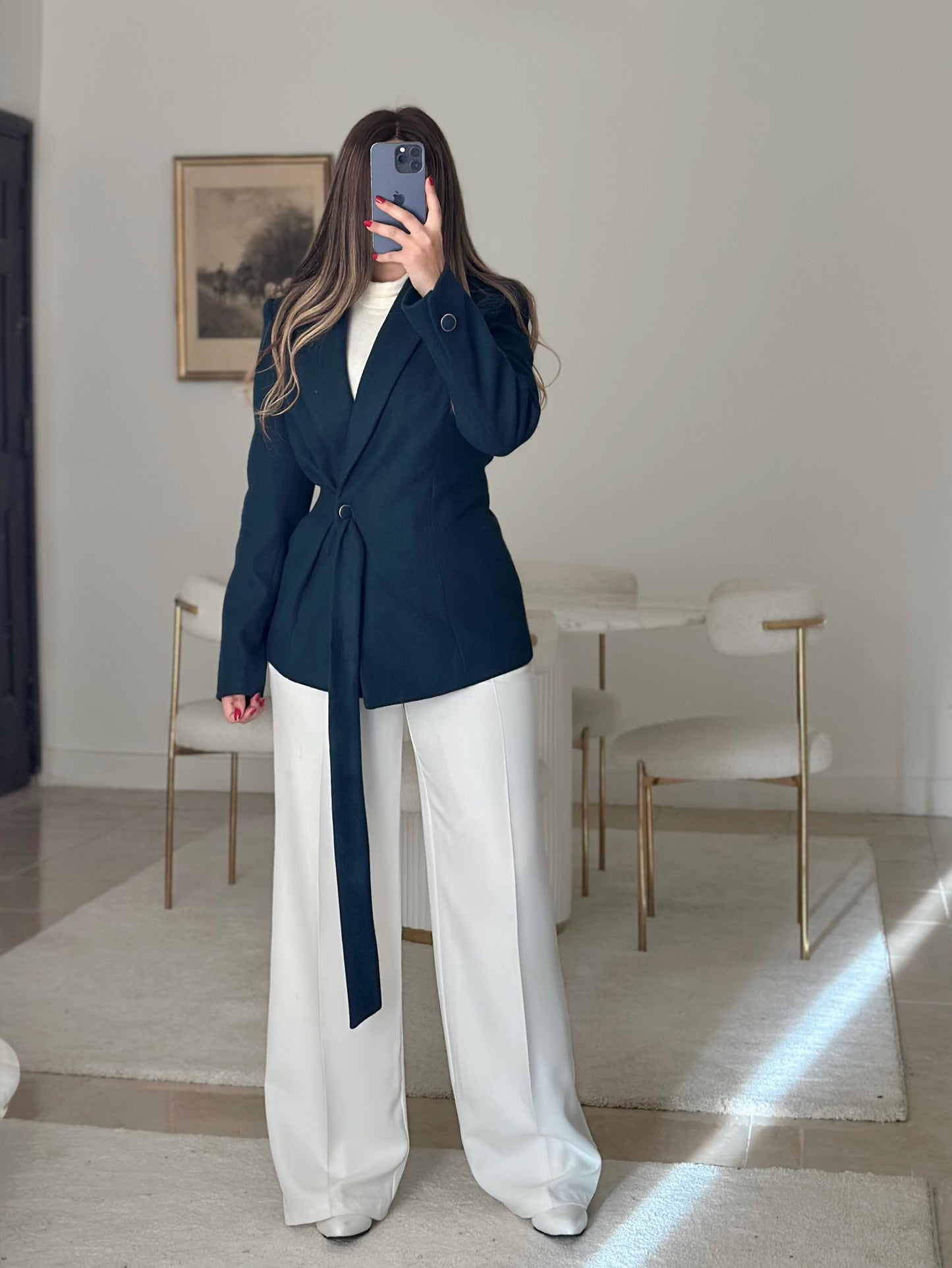 teal wool belt blazer