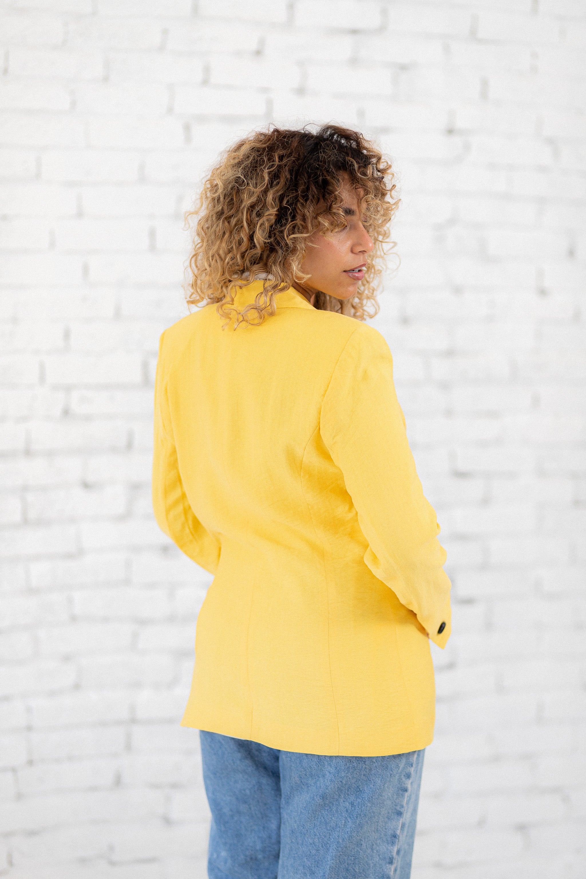 Linen belted yellow blazer