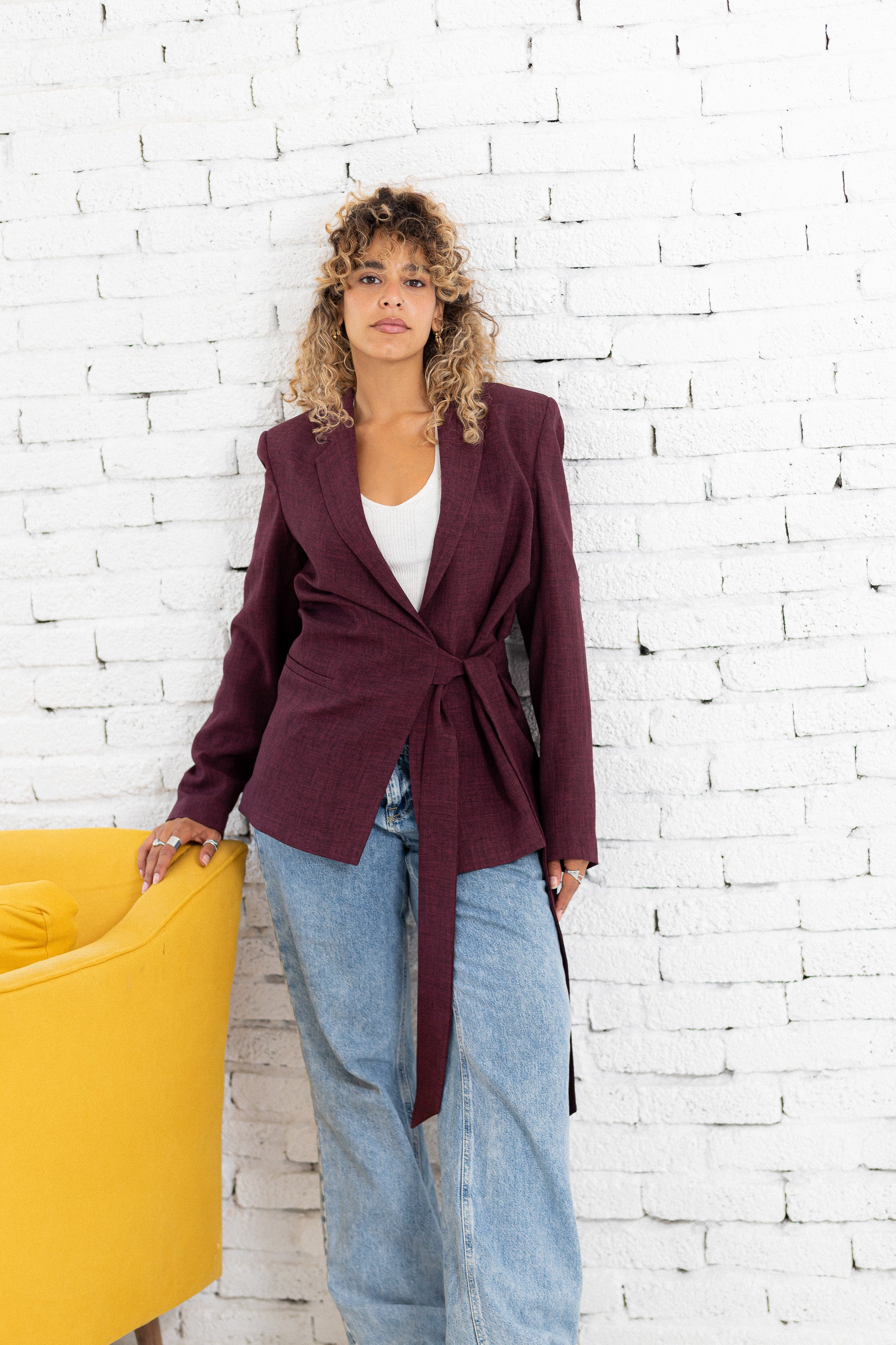Linen belted burgundy blazer