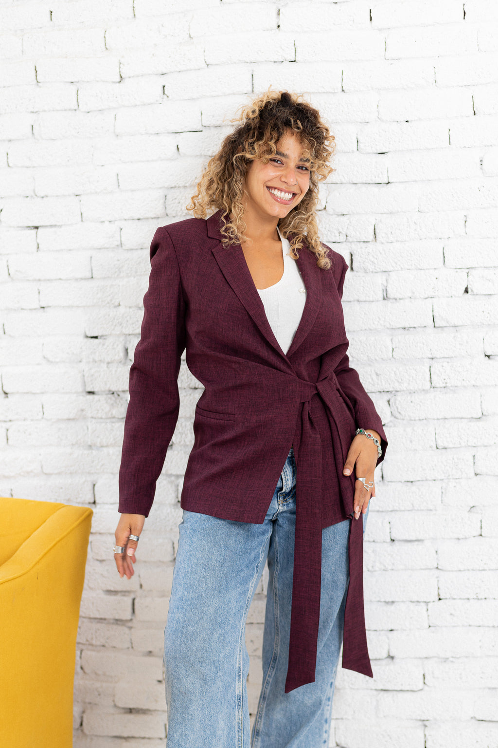 Linen belted burgundy blazer