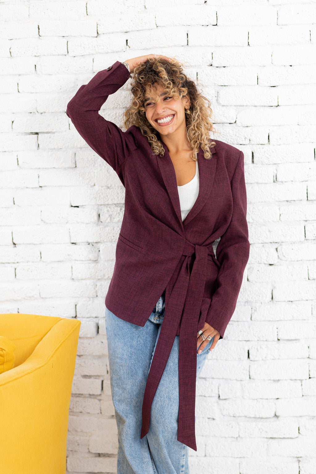 Linen belted burgundy blazer