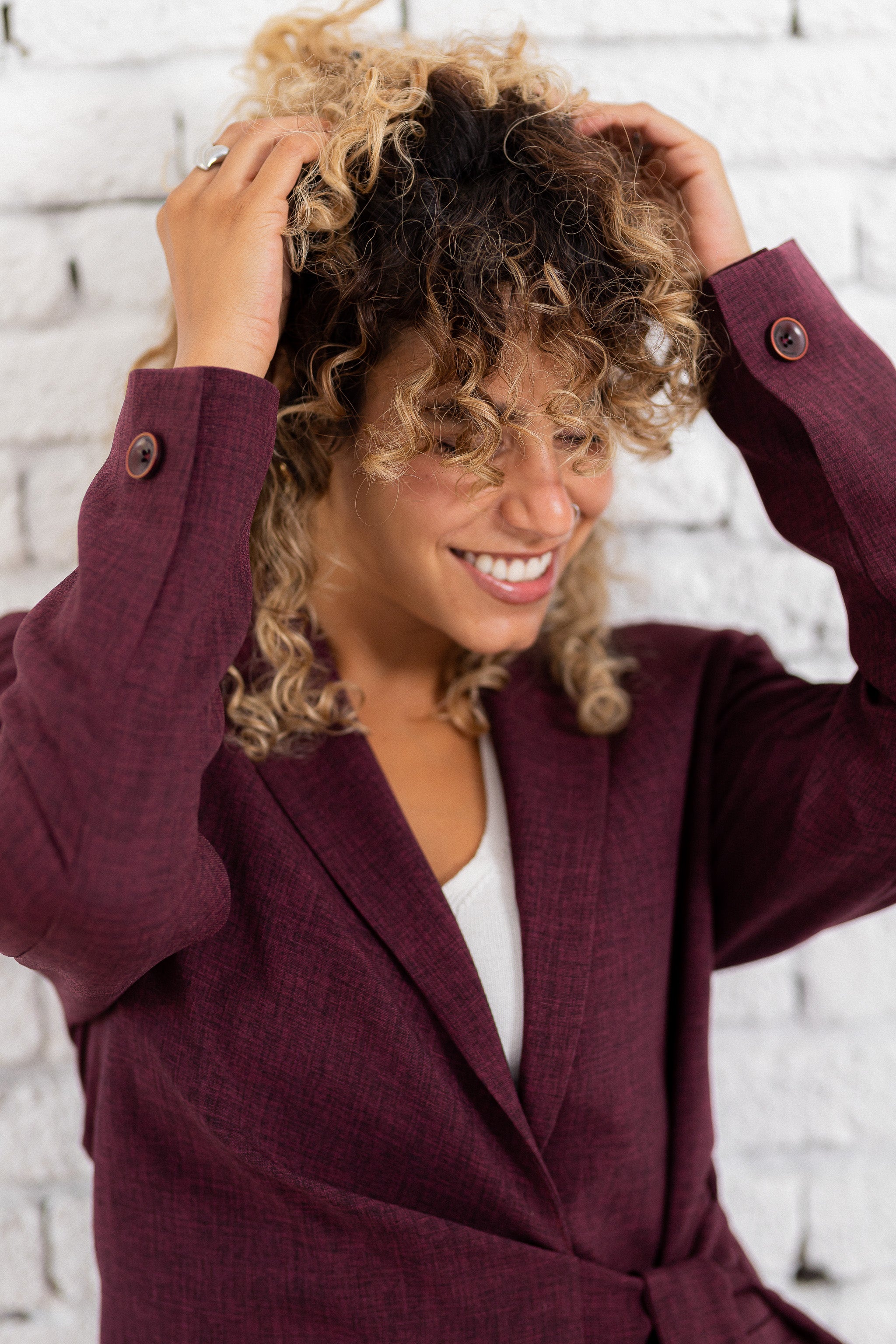 Linen belted burgundy blazer