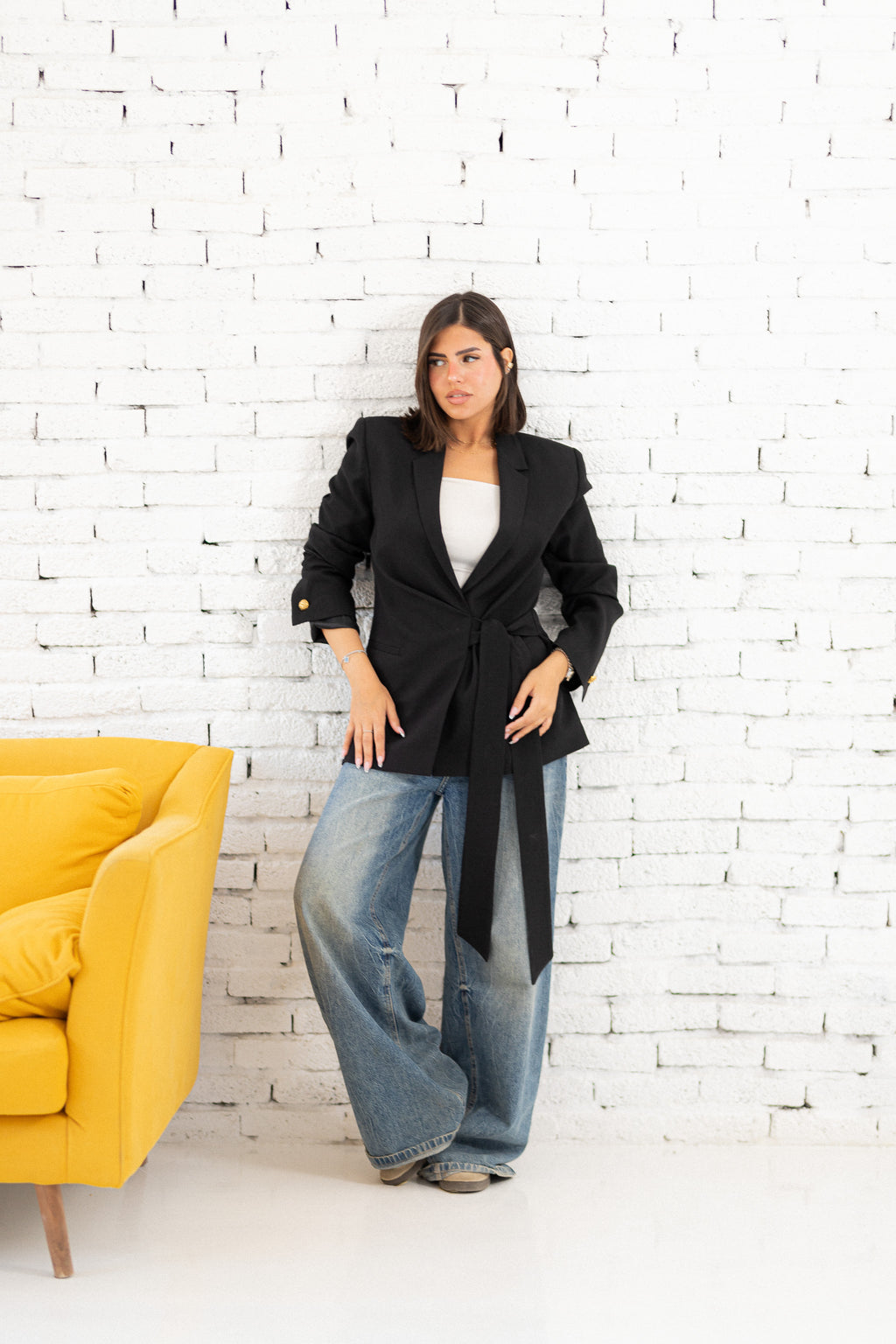 Linen belted black blazer